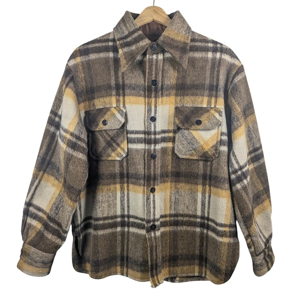 Vintage Shacket Work Wear 70s Brown Gold Plaid Wool Blend Button Up Jacket‎ M